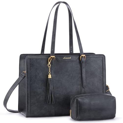 LOVEVOOK Laptop Bag for Women Vintage Leather Work Tote 15.6 inch Large Capacity Computer bag with Clutch Purse for Office, Travel, Casual - color: Charcoal Gray, size: 15.6 inch