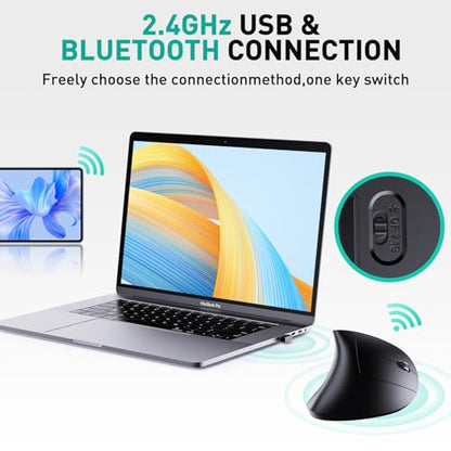 JYKEYMOUT Bluetooth and 2.4G (2-in-1) Rechargeable Wireless Mouse, Ergonomic Vertical Design, 1000/1200/1600 DPI, 6 Silent Buttons, for Laptop, Computer, PC, MacBook, Chromebook-Black - style: DPI-1600