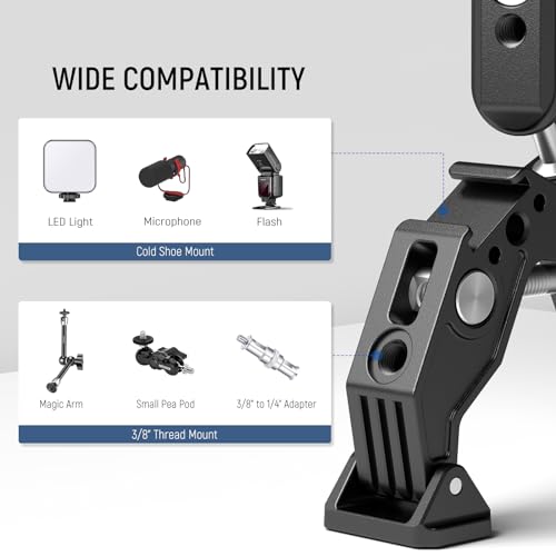 Neewer Double Super Clamp Camera Mount with Magic Arm, Cold Shoes for Desk Studio Light Stand Holder Photography Reflector, Flag, Cross Bars, Motorcycle, Umbrella, Pole Stick Shoot Accessories Tools | For Desk, Studio Light Stand Holder, Photography Refle