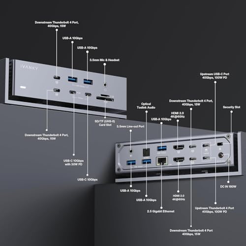 iVANKY FusionDock Max 1 Dual Thunderbolt 4 Chips, 20-in-1 Quad 6K@60Hz Monitor MacBook Docking Station, 40Gbps Dock for Mac M1/M2/M3 Pro/Max, 2HDMI 2.0, 96W PD, 10Gbps USB, 2.5 GbE - color: Silver