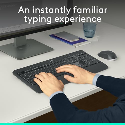 Logitech MK540 Full Size Advanced Wireless Keyboard and Mouse Combo | Full size quiet keyboard with number pad & integrated palm rest, full size ambidextrous mouse, includes USB-A Nano Receiver