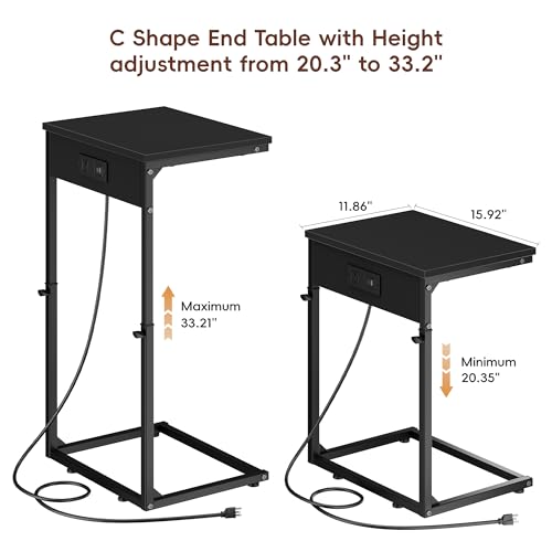 C Shaped End Table with Charging Station, Adjustable Height Side Table for Couch,Small Side Table Small Spaces, 33.2'' Tall Couch Tables that Slide Under, Tv Tray Table for Living Room, Black - color: Black (1 Pack), style: With Plug
