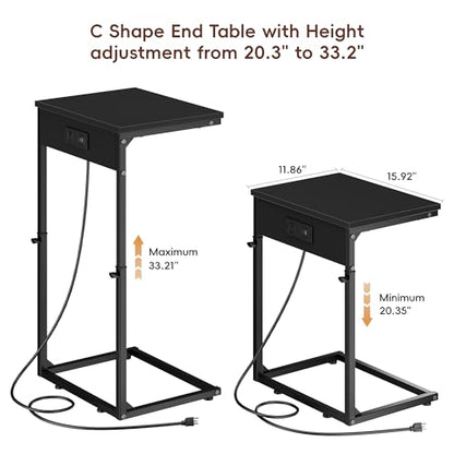 C Shaped End Tables Set of 2 with Charging Station, 33.2'' Tall C Table Adjustable Height Side Table, Small Side Table for Small Spaces, Couch Sofa Table TV Tray for Living Room, Black - color: Black (2 Pack), style: With Plug