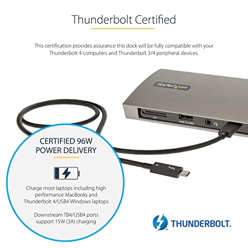 StarTech Thunderbolt 4 Dock, MacBook Pro/Air M1-M5, Dual 4K 60Hz, 8K, 96W | Thunderbolt or USB4, 4x USB-A (3x 10Gbps and 1x fast charge), SD card reader, Gigabit Ethernet, Includes TB4 cable