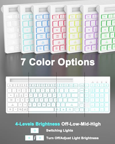 Wireless Keyboard and Mouse Combo, 7 Backlit Effects, Light Up Letters, Rechargeable, Phone Holder, 6 Button Mouse, Ergonomic Tilt Angle, 2.4GHz Silent USB Keyboard Mouse for Laptop, PC - color: White