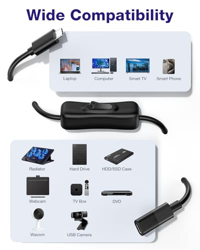 USB Type-C Extension Cable with On Off Switch [1ft], USB 3.1 Type-C Male to Female Extension Cable with ON/Off Switch Support Video/Data/PD Charging