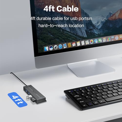 4-Port USB 3.0 Ultra-Thin Data Hub, High-Speed USB Port Expander for Laptop, MacBook, iMac, Surface Pro, XPS, Flash Drives, Mobile HDD, Printers, and More (Slim USB Hub - 4 ft)