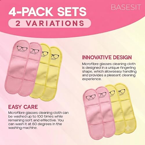 Finger Grip Eyeglass Cleaner (4 Pack) – Premium Microfiber Glasses Cleaning Cloth for Eyeglasses, Sunglasses, Phone Screens & Camera Lens (Pink/Yellow) - color: Pink/Yellow