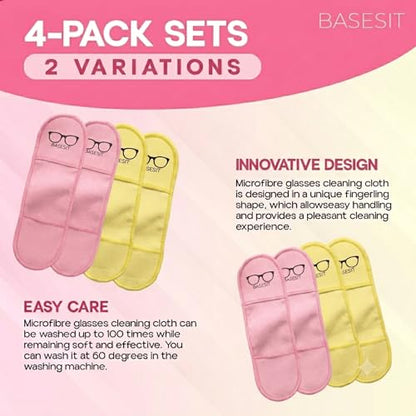 Finger Grip Eyeglass Cleaner (4 Pack) – Premium Microfiber Glasses Cleaning Cloth for Eyeglasses, Sunglasses, Phone Screens & Camera Lens (Pink/Yellow) - color: Pink/Yellow