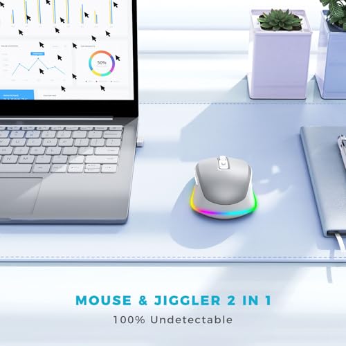 PEIOUS Wireless Mouse Jiggler, LED Mouse with Built-in Mouse Mover, Silver | Rechargeable LED Mouse, Silent Clicks, Adjustable DPI and Random Movement Keep Computers Awake for Laptop/PC/Mac - color: Silver