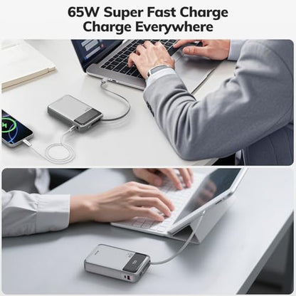 Hichain Laptop Power Bank 65W 20000mAh Portable Charger Silver | with Built-in USB-C Cable 3-Port Fast Charging Battery Pack for MacBook iPhone Series Android Switch Travel Essential - color: Silver