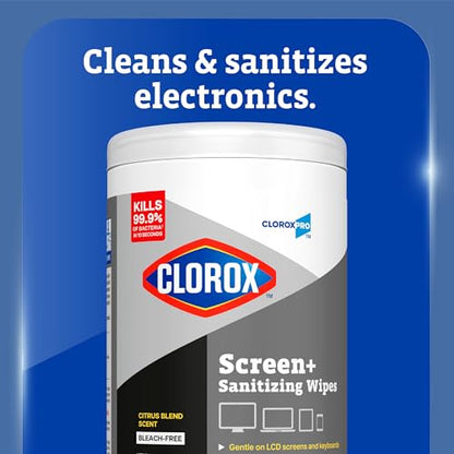 CloroxPro Clorox Screen+ Sanitizing Wipes, Disinfecting Wipes for Electronics, Gentle on Phones, Tablets, LCD Screens, Laptops and Sensitive Surfaces, Citrus Blend Scent, 1 Canister, 75 Wipes, 6 Pack - size: 75 Count (Pack of 6)