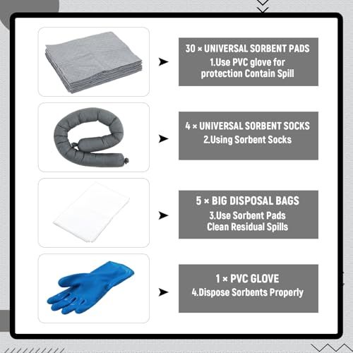 DoubleFill 41 Pcs Universal Spill Kit Portable Complete 9-Gallon Spill Kit, Absorbs Oils Water and More, Yellow Bucket, 30 Absorbent Pads, 4 Pcs 3" x 4' Sorbent Socks, 5 Disposal Bags, PVC Gloves - size: 9 Gallon