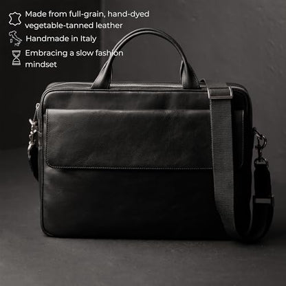 Time Resistance Leather Briefcase - Italian Handmade Leather Laptop Bag - Handbag for Men - Professional Computer Case - color: Black