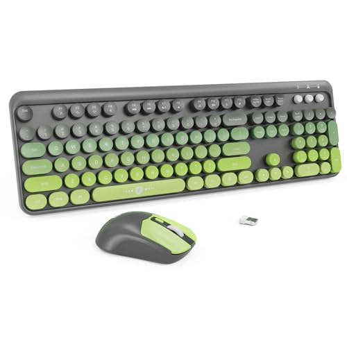 Wireless Keyboard and Mouse Combo, 104 Round Keys Cute Colorful Keyboard and Mouse with Retro Typewriter for PC/Mac/Laptop/Tablet/Computer/Windows Gray Green - color: Gray Green