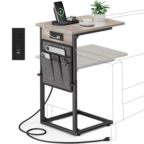 VAGUSICC C Shaped End Table with Charging Station, Adjustable Height Side Table for Couch Recliner, Small Sofa Table with Storage Bag, Slide Under Sofa TV Tray Arm Table for Living Room, Bedroom, Gray - color: Greige, style: With Plug