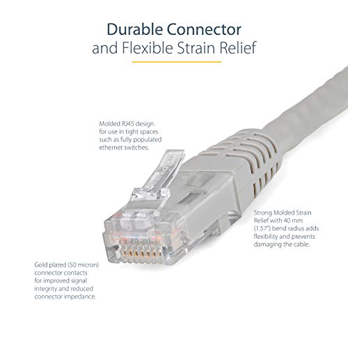 StarTech 3ft CAT6 Ethernet Cable - Gray CAT 6 Gigabit Ethernet Wire -250Mhz 100W PoE RJ45 UTP Molded Network Patch Cord with Strain Relief (C6PATCH3GR) | 250MHz bandwidth, Gold-plated RJ45, Patch Cable, Ethernet Cord, UTP Molded Network, Strain Relief, 10