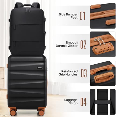 UKEIN Luggage Set with Backpack,Hardshell Carry On Luggage Airline Approved | 20inch Suitcase Set with 360° Smooth Spinner Wheels,TSA Lock,YKK Zippers,Lightweight 3 Piece,Polycarbonate - color: Black, size: Carry On 3 Piece Set (20inch)