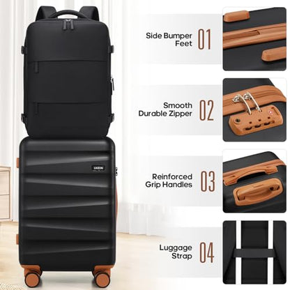 UKEIN Luggage Set with Backpack,Hardshell Carry On Luggage Airline Approved | 20inch Suitcase Set with 360° Smooth Spinner Wheels,TSA Lock,YKK Zippers,Lightweight 3 Piece,Polycarbonate - color: Black, size: Carry On 3 Piece Set (20inch)
