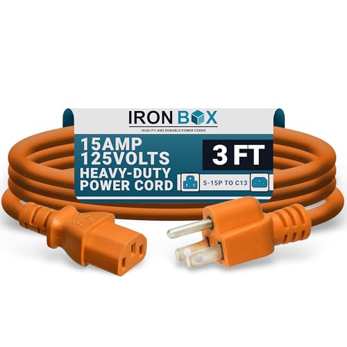 IronBox Electric - Heavy-Duty 5-15P to C13 Power Cord - 3 Prong 15A 125V 14/3 SJT PC Power Cable - Cord for Computer, Monitor, Subwoofer, Amplifier - Cable for Power Supply - (Orange 3 Foot) - color: Orange, size: 3 ft