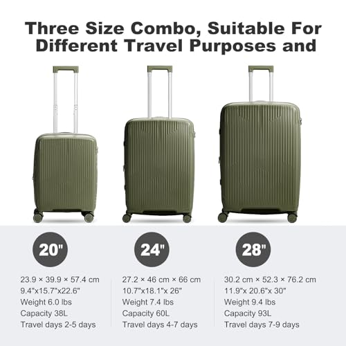 Nazhura Luggage Set, 3-Piece Hardside Suitcase Set, 20-inch Carry On, 24-inch, 28-inch Luggage - color: Oliver Green