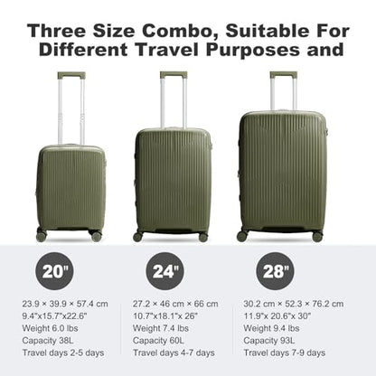 Nazhura Luggage Set, 3-Piece Hardside Suitcase Set, 20-inch Carry On, 24-inch, 28-inch Luggage - color: Oliver Green