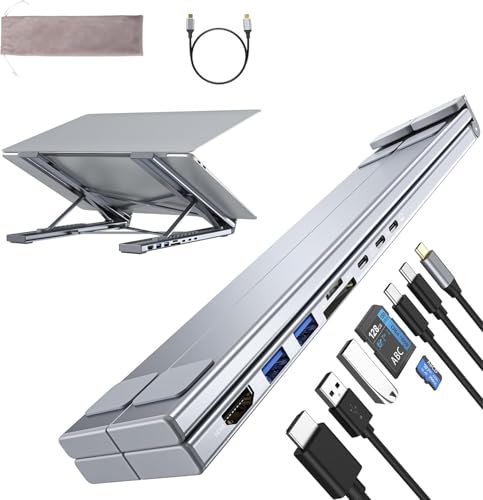 Laptop Stand with Docking Station, 8 in 1 USB C Hub HDMI Portable Laptop Stand for Desk with USB Ports, Multiport USBC Dock Stands Foldable Adjustable Computer Riser Holder Dongle for MacBook - style: M57 8 in 1