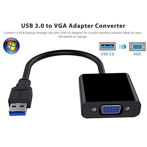 USB 3.0 to VGA Adapter, USB 3.0/2.0 to VGA 1080P Adapter (Male to Female), Multi Monitor External Video Graphic Card Cable Converter for Windows 10/8.1/8/7/XP Built-in-Drivers