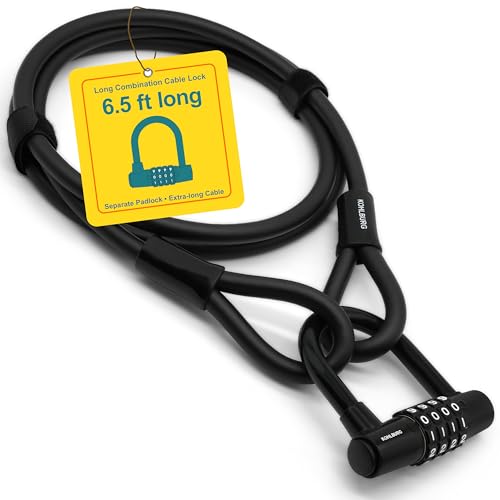 KOHLBURG Combination Cable Bike Lock 6.5ft with Code – 79” Combo Cable Lock | Long Security Steel Cable Lock – Cable with Padlock Combination for Bicycle Garden Furniture Bike Kayak Boat Paddle Board
