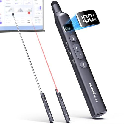 N21 Bluetooth Presentation Clicker for PowerPoint with Retractable Pointer | ①Red laser ②Telescopic touch pen ③Countdown timer, vibration alert ④Customizable Button ⑤Rechargeable;battery level display - color: Black - Red Pointer