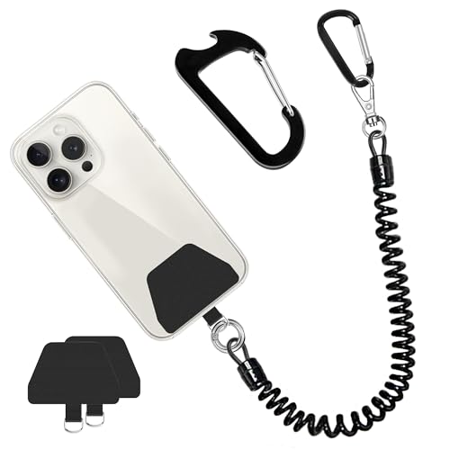 Doormoon Phone Lanyard Tether with Patch*2, Carabiner*1, Bottle Opener Carabiner*1, Stretchy iPhone Lanyard Anti Theft Phone Strap for Anti-Drop Outdoor Compatible for iPhone Most Smartphones, Black - color: Black Tether*1;patch*2;carabiner*2