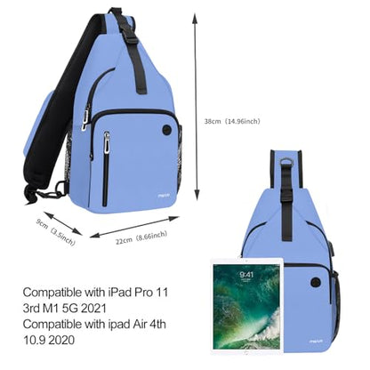 MOSISO Sling Backpack Bag, Crossbody Shoulder Bag Travel Hiking Daypack Chest Bag with Front Square Pocket&USB Charging Port - color: Air Blue
