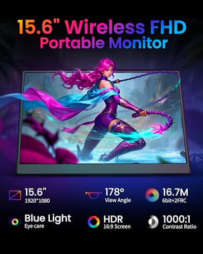 Portable Monitor 15.6 inch, Wireless Portable Monitor Support AirPlay Miracast, 1080P IPS Ultra Slim Travel Monitor with USB-C HDMI /VESA/Sleeve, External Monitor for Laptop/ PS4/5/Switch/Mac /Phone
