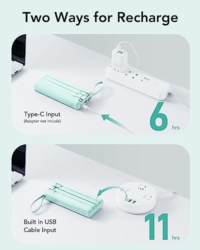 VRURC Portable Charger 20000mAh, Built-in Cables Fast Charging Power Bank, PD QC 3.0 Travel Essentials Battery Pack, 4 Output & 2 Input Phone Charger for iPhone, Samsung, Android - color: Green