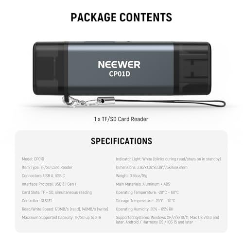 NEEWER TF & SD Card Reader USB C USB A, Type C to Micro SD Adapter, Dual Slot High Speed USB3.1 Gen1 Memory Card Reader for MicroSD, SDHC, SDXC Cards, Compatible with iPhone Android Computer, CP01D