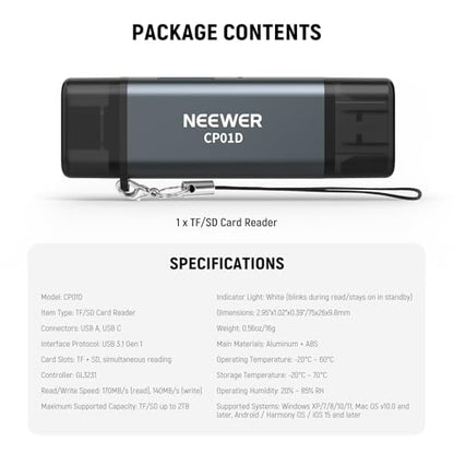 NEEWER TF & SD Card Reader USB C USB A, Type C to Micro SD Adapter, Dual Slot High Speed USB3.1 Gen1 Memory Card Reader for MicroSD, SDHC, SDXC Cards, Compatible with iPhone Android Computer, CP01D