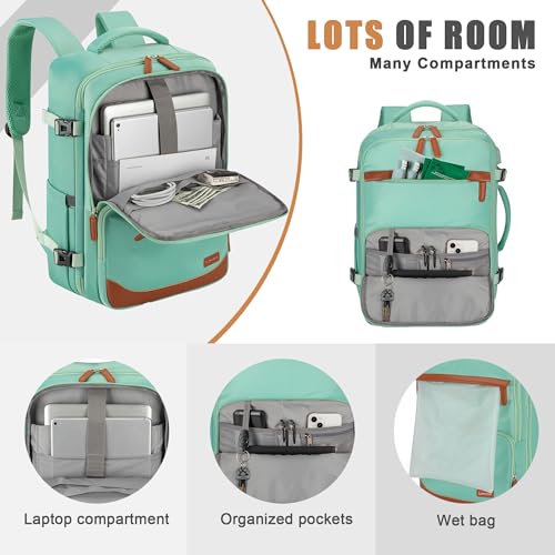 40L Travel Backpack, Flight Approved Carry On Laptop Backpack | Water-resistant, Personal Item Travel Bag, Fits 15.6/17.3 inch Laptop, Hiking, Camping, Business, Commute, Men & Women - color: Green, size: Large