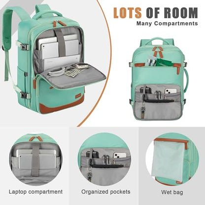 40L Travel Backpack, Flight Approved Carry On Laptop Backpack | Water-resistant, Personal Item Travel Bag, Fits 15.6/17.3 inch Laptop, Hiking, Camping, Business, Commute, Men & Women - color: Green, size: Large