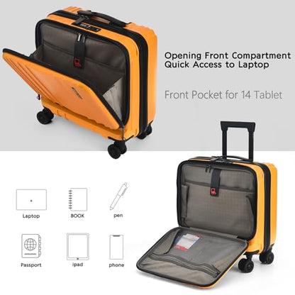 TydeCkare 16" Carry on Luggage with 2 Laptop Compartments, Lightweight Hardshell ABS+PC Suitcase with Dual Control TSA Lock, with YKK Zipper, 4 Spinner Silent Wheels, for Business Travel, Orange - color: Orange