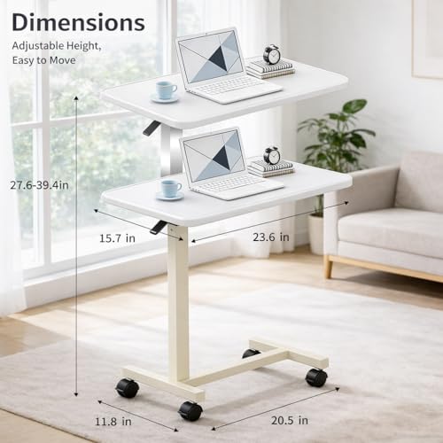 Adjustable Overbed Table with Wheels, Pneumatic Height Lift Rolling Bedside Table, Standing Desk for Home & Office Use, Ideal for Seniors & Limited Mobility(White) - color: White