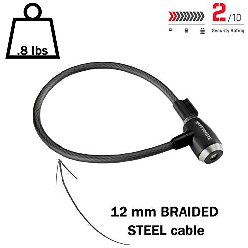 Kryptonite KryptoFlex Bike Lock Cable, 2FT/6FT/10FT Long 12mm Thick Heavy Duty Braided Steel Cable Anti-Theft Security Lock for Outdoor Equipment, Combination/Key Bike Lock - size: 12mm x 61cm, style: 2' Key