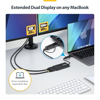 StarTech USB-A and USB-C to Dual HDMI, 4K30 + 1080p, Mac Windows ChromeOS | USB 3.0 5Gbps, Two displays, Windows and ChromeOS and Ubuntu, Extended dual monitor - style: Mac & Windows