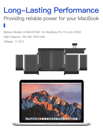 Replacement Battery for MacBook Pro A1502, 13-Inch, 2013-2015 | Replaces battery models: A1493/A1582, Fits Retina Late 2013, Mid 2014, Early 2015, 11.34V 7000mAh 79.4Wh, 2 screwdrivers