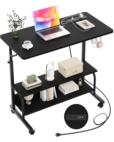 32" Rolling Standing Desk with Charging Station for Couch Bed | Height Adjust 27.5-41", 2 AC/3 USB, Mobile 4 Lockable Wheels, 2-tier Shelves Hook, Safe Corner Fast Assembly - color: Black, size: 32''
