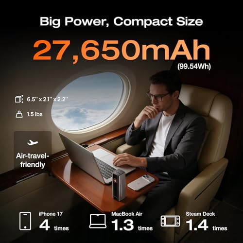 EF ECOFLOW Rapid Pro Power Bank, 4-Port with 300W Max Output, Portable Charger with 140W Built-in Cable, TSA-Approved, Smart APP, 3950x7mAh, for MacBook Pro/Air, iPhone 17/16 Series, Laptops, and More - size: Rapid Pro 27K mAh