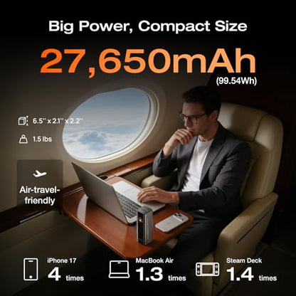 EF ECOFLOW Rapid Pro Power Bank, 4-Port with 300W Max Output, Portable Charger with 140W Built-in Cable, TSA-Approved, Smart APP, 3950x7mAh, for MacBook Pro/Air, iPhone 17/16 Series, Laptops, and More - size: Rapid Pro 27K mAh
