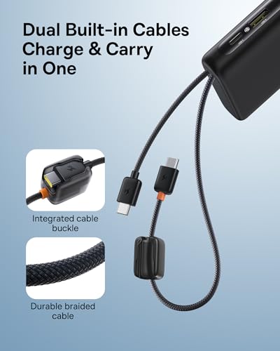 Baseus 100W Power Bank 20000mAh, Portable Laptop Charger with Built-in USB-C Dual Cables, Travel Essential PD QC Fast Charging for MacBook, iPad, iPhone 17/16, Samsung, Steam Deck, TSA-Approved - color: Dark Black