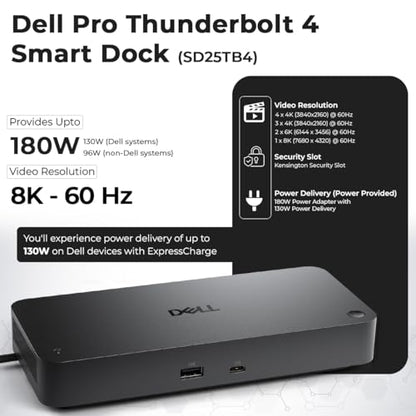 Dell SD25TB4 Pro Thunderbolt 4 Smart Dock - Supports 8k Display, 3 Years Warranty with 180W Adapter, HDMI, DisplayPort, Thunderbolt Cable, Cloth - USB C Docking Station Hub with Accessories