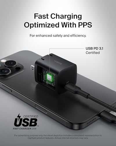 Belkin USB C Charger Block 25W – PD3.0 PPS Super Fast Charging - Samsung Galaxy S26, S25, Apple iPhone 17, Air, Pro, Pro Max, AirPods, Apple Watch, Google Pixel 10, Nintendo Switch, etc - Black - style: New Gen