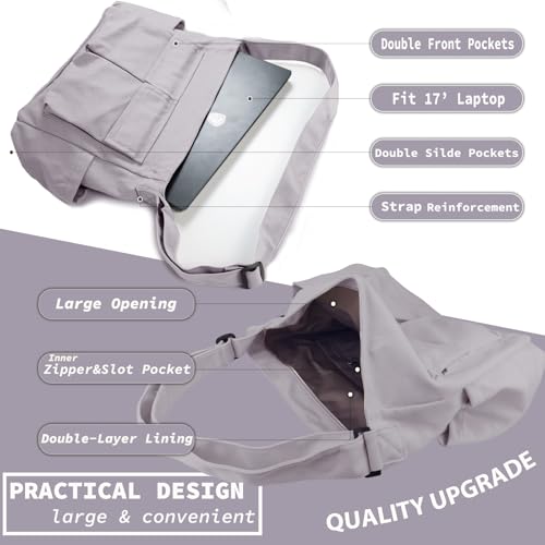 Canvas Messenger Bag Large Hobo Crossbody Bag with Multiple Pockets Casual Shoulder Tote Bag for Women and Men - color: Grey